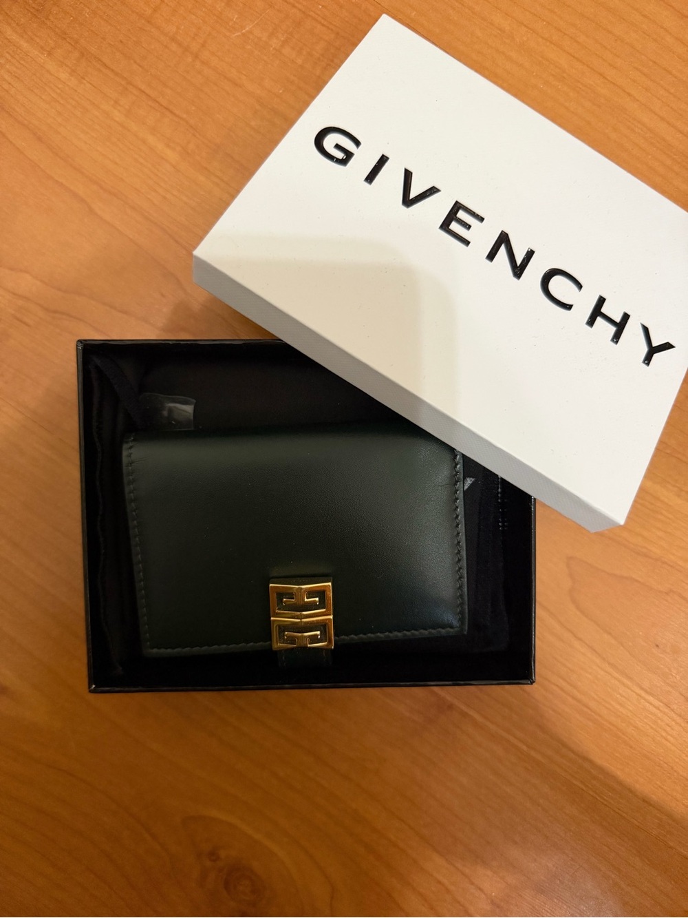 Givenchy Dark Green Leather Card Holder with Gold-Logo Clasp